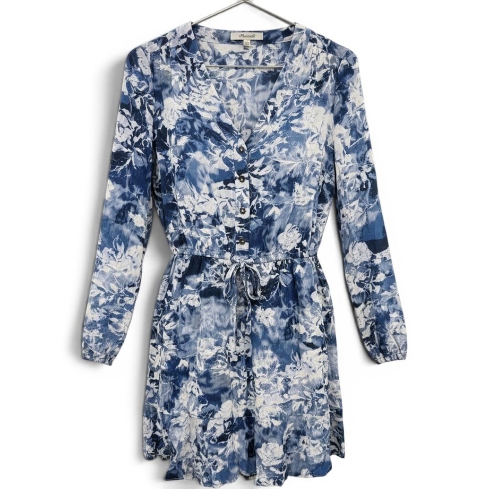 Madewell Blue White Floral Print V Neck Button Tie Waist Mini Dress Size 00 Chic